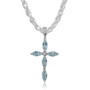0.76ct Blue Topas & Diamant 9ct weiß Gold-kreuz Anhänger auf eine 45cm Kette
