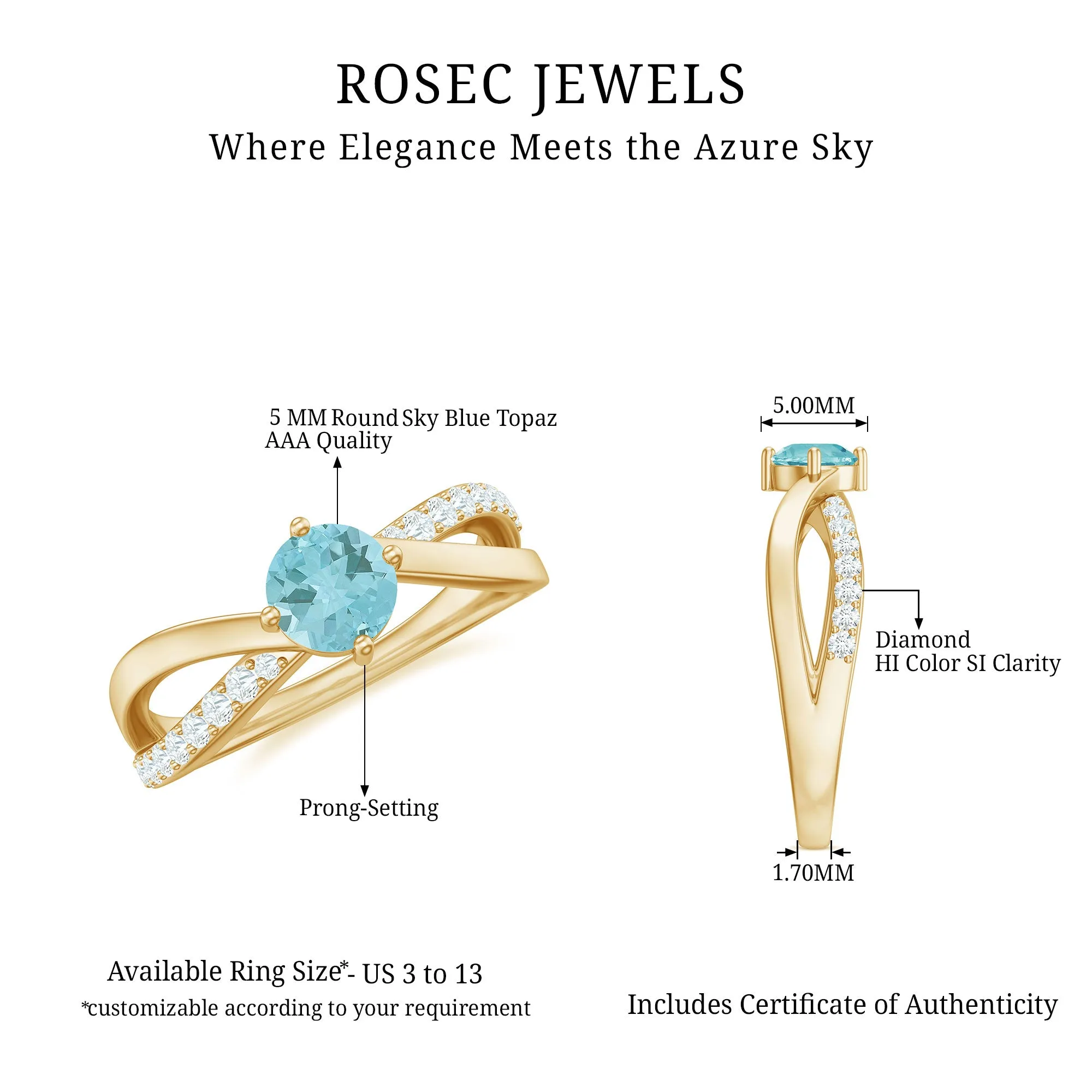 1/2 CT Sky Blue Topaz Solitaire and Diamond Gold Infinity Ring