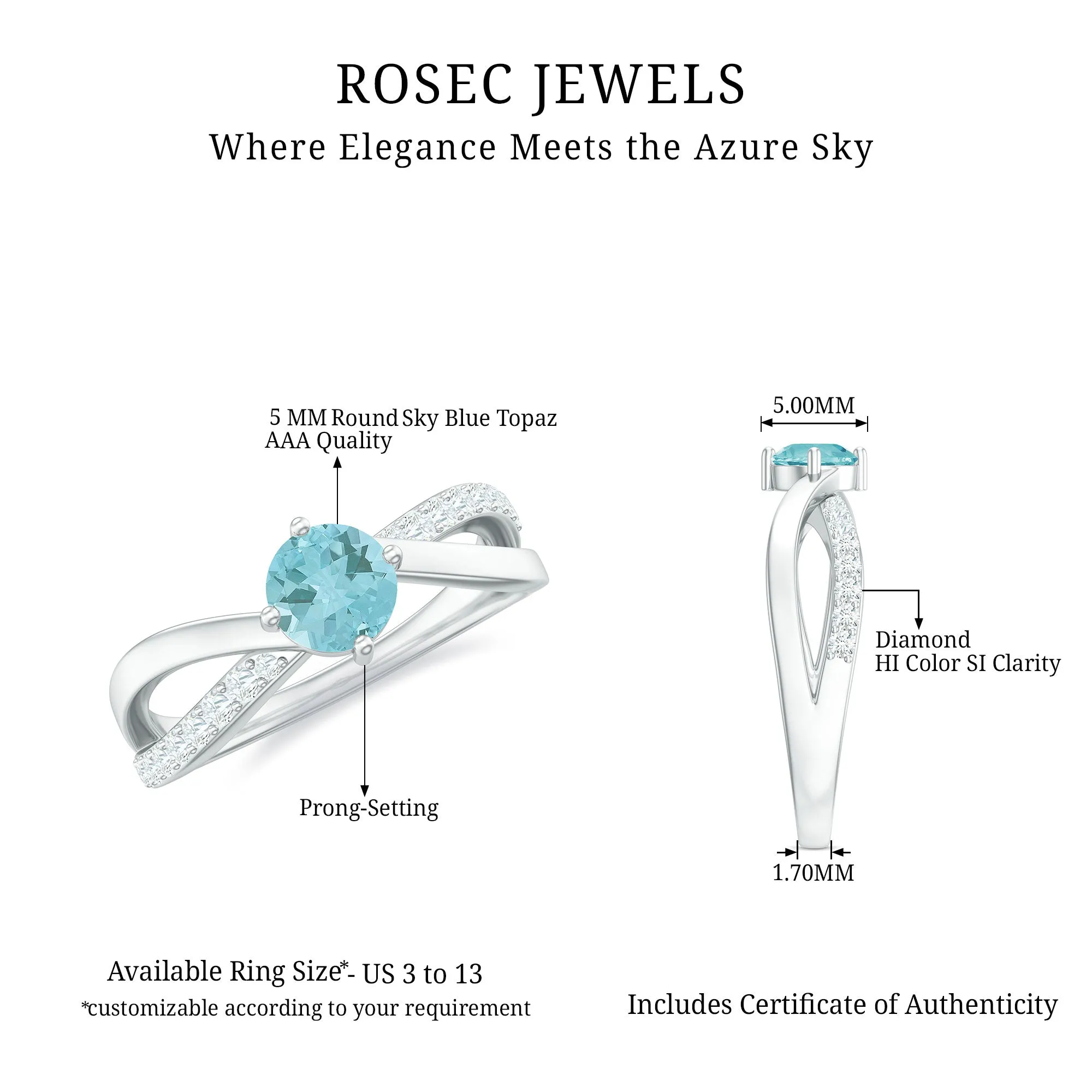 1/2 CT Sky Blue Topaz Solitaire and Diamond Gold Infinity Ring