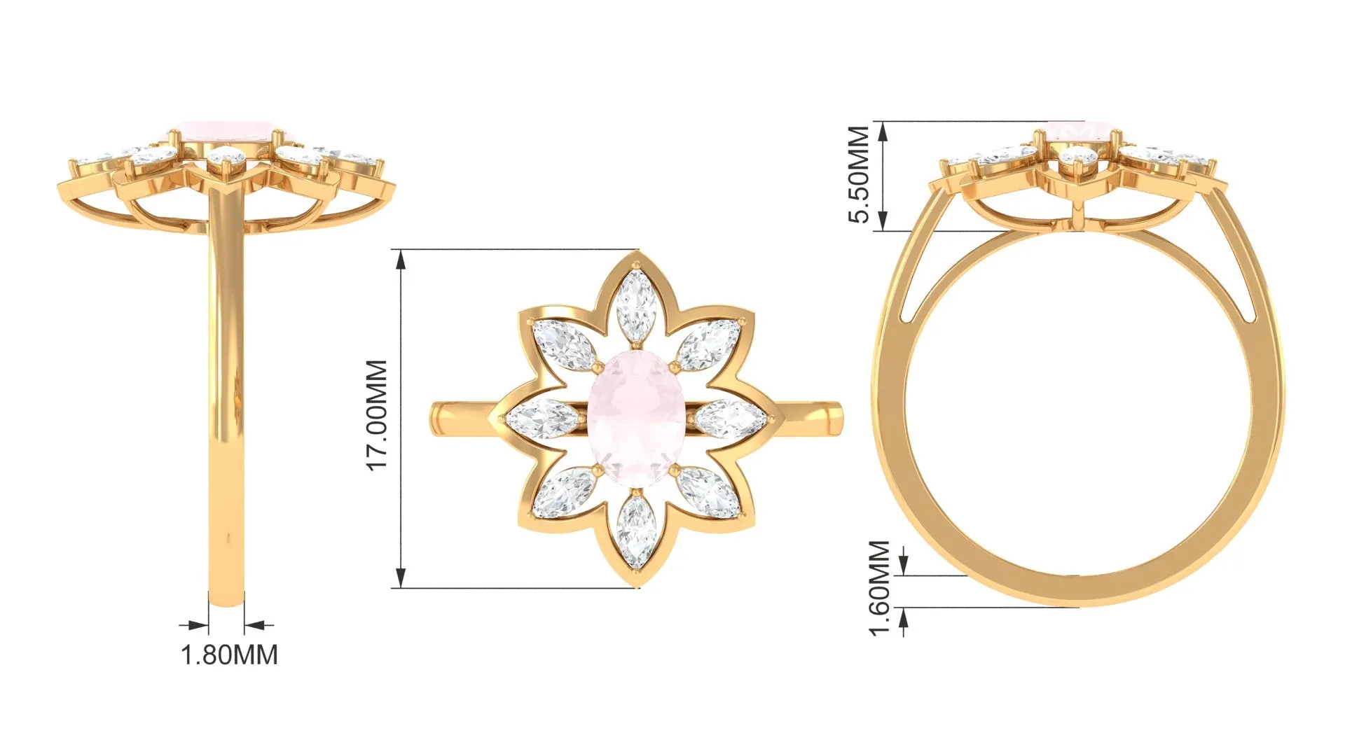 1.25 CT Oval Cut Rose Quartz Cocktail Ring with Moissanite