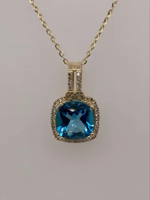 14K Blue Topaz & Diamond Pendant
