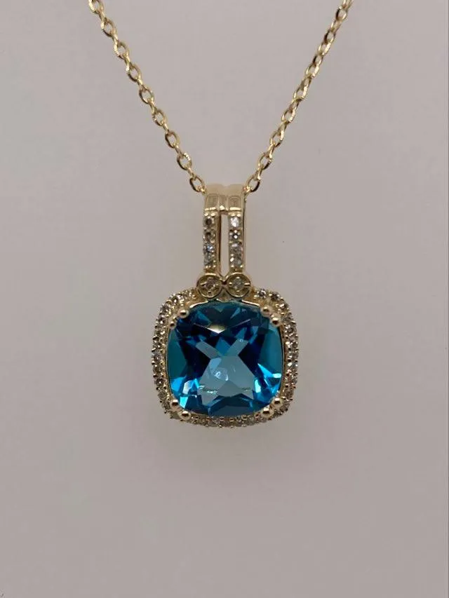 14K Blue Topaz & Diamond Pendant