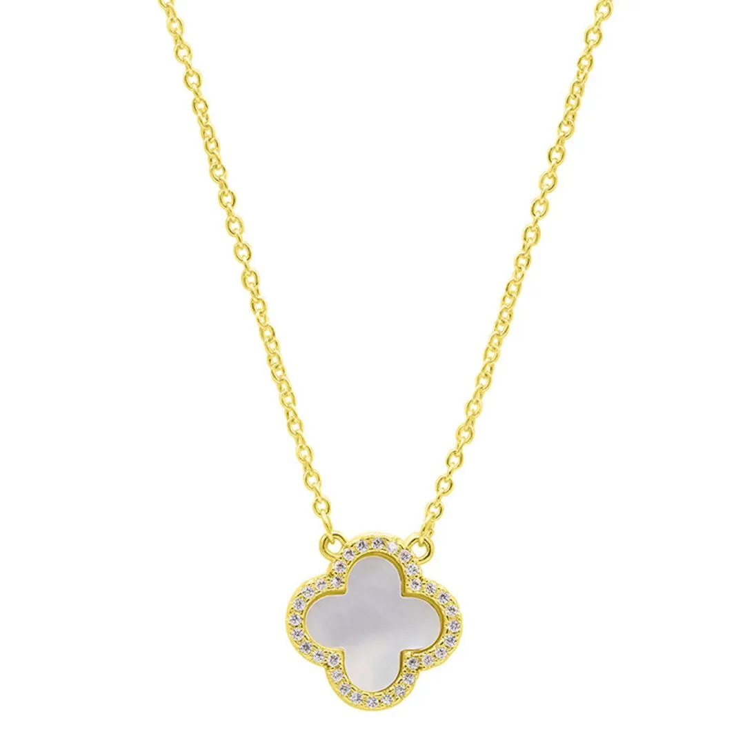 14k Gold Plated Crystal Halo White Mother of Pearl Clover Necklace