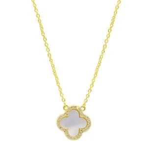 14k Gold Plated Crystal Halo White Mother of Pearl Clover Necklace