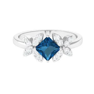 1.50 CT Princess Cut London Blue Topaz and Diamond Floral Engagement Ring