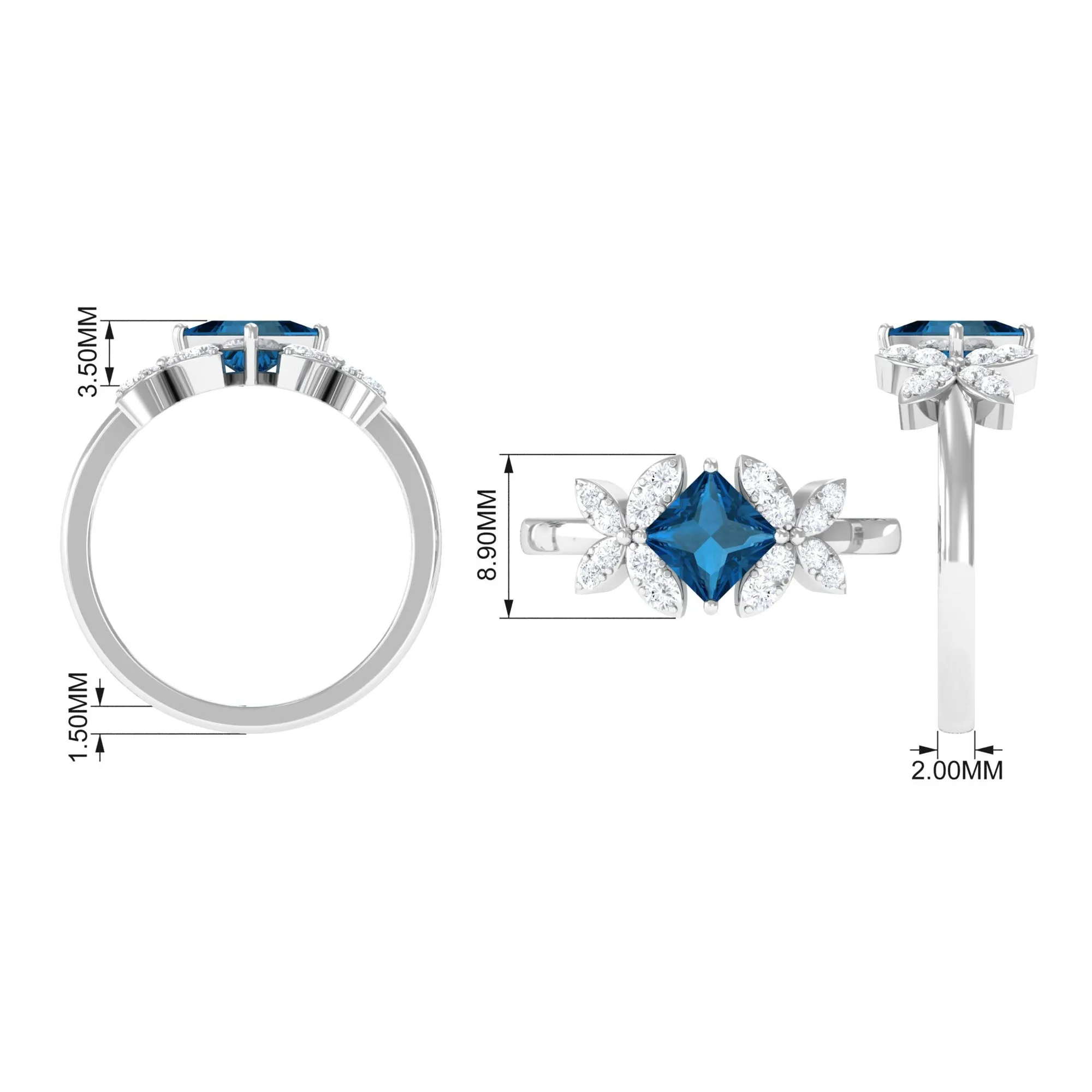1.50 CT Princess Cut London Blue Topaz and Diamond Floral Engagement Ring