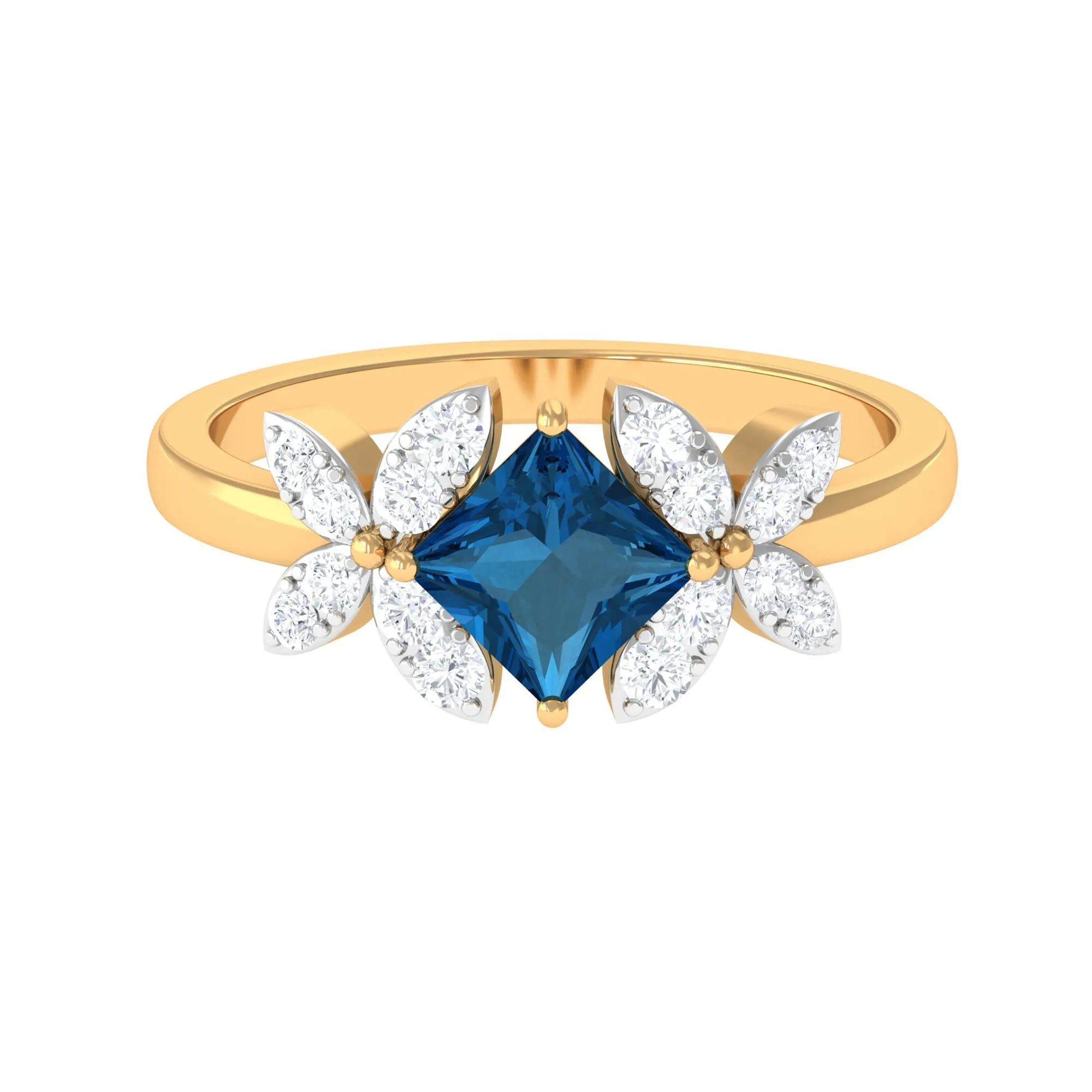 1.50 CT Princess Cut London Blue Topaz and Diamond Floral Engagement Ring