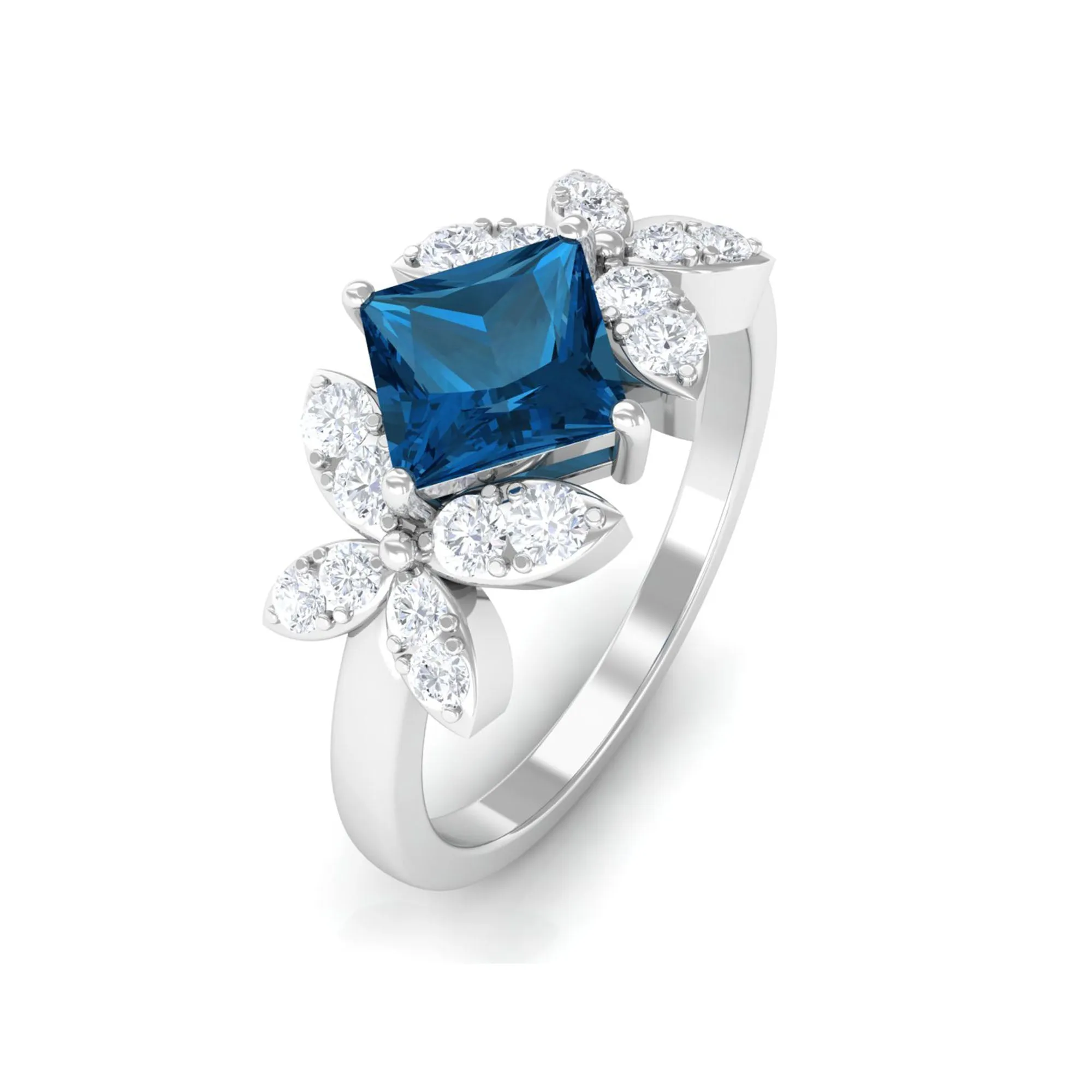 1.50 CT Princess Cut London Blue Topaz and Diamond Floral Engagement Ring