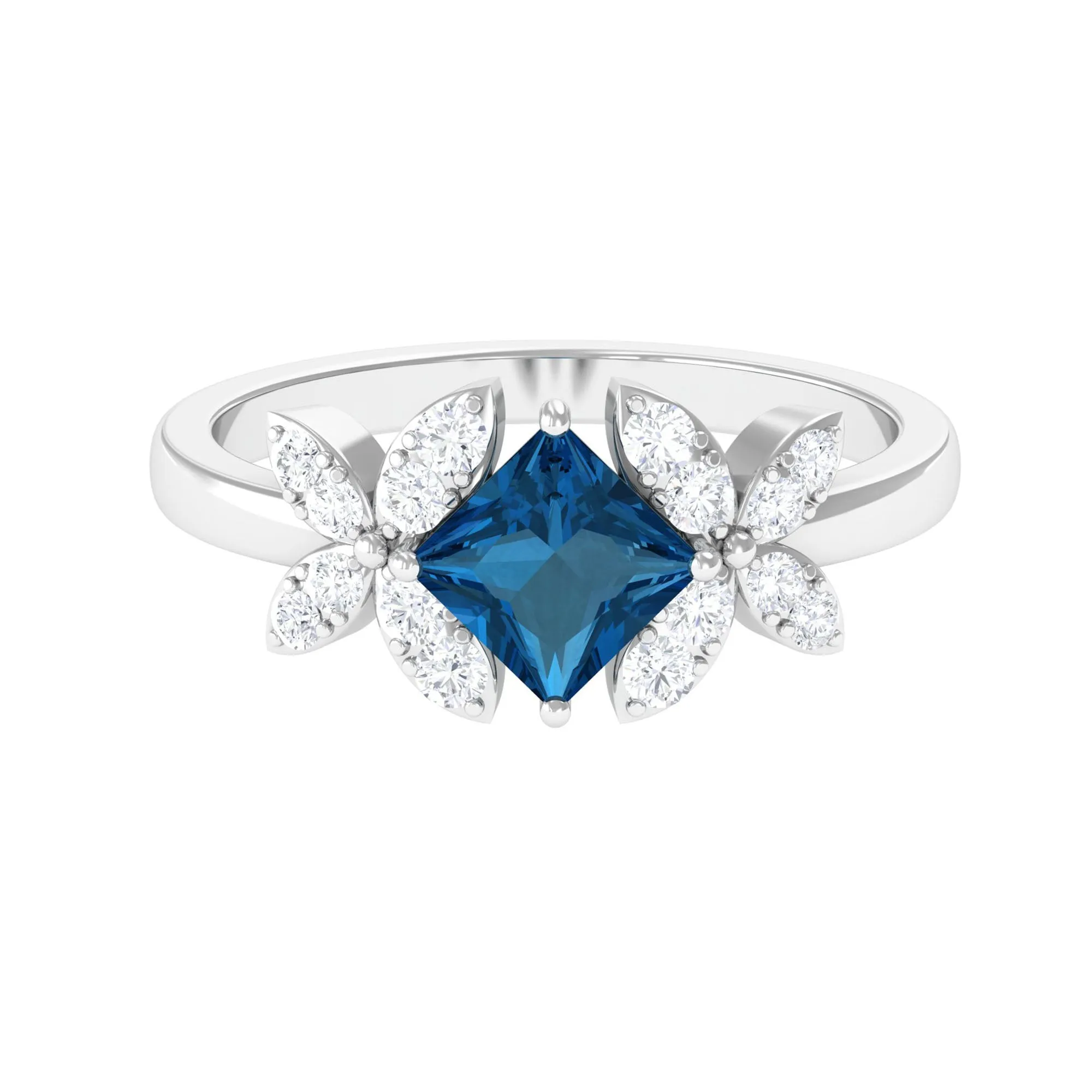 1.50 CT Princess Cut London Blue Topaz and Diamond Floral Engagement Ring