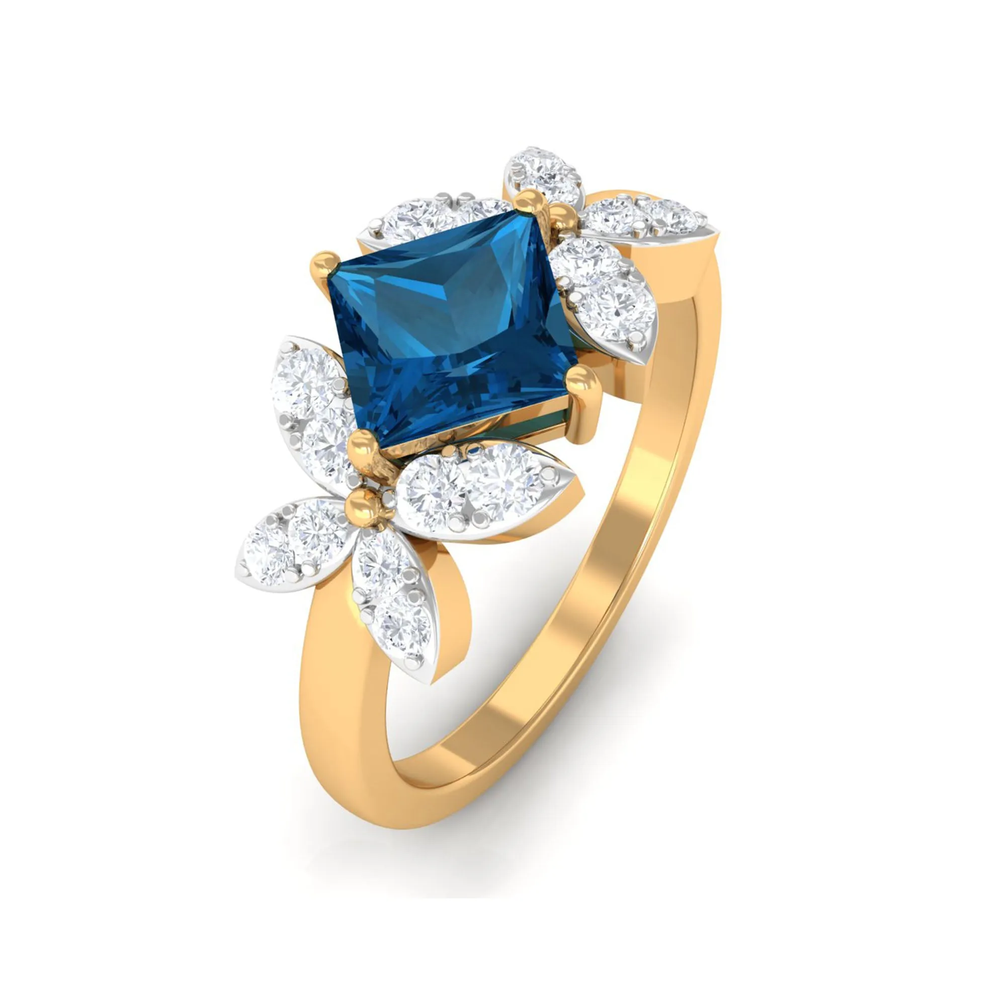 1.50 CT Princess Cut London Blue Topaz and Diamond Floral Engagement Ring