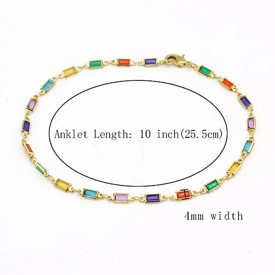 18k Gold Filled High Polish Finish Gold And Multi Color Dark Crystal Baguette Anklet
