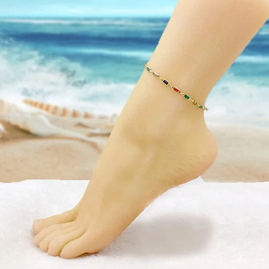 18k Gold Filled High Polish Finish Gold And Multi Color Dark Crystal Baguette Anklet