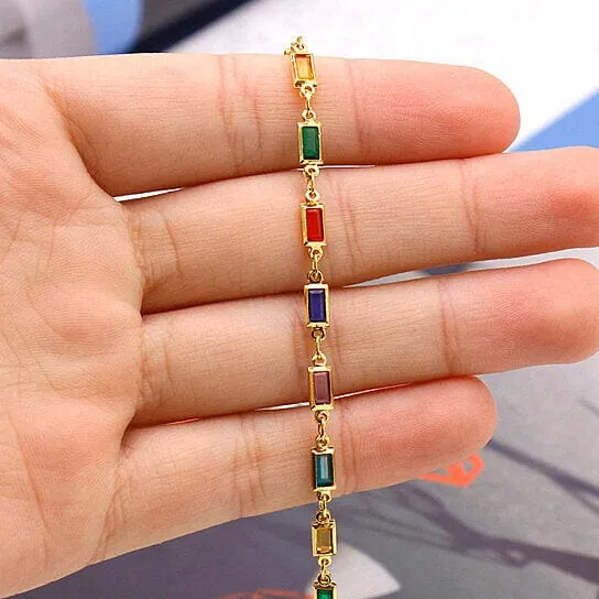 18k Gold Filled High Polish Finish Gold And Multi Color Dark Crystal Baguette Anklet