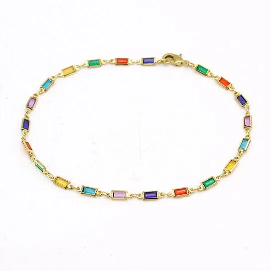 18k Gold Filled High Polish Finish Gold And Multi Color Dark Crystal Baguette Anklet