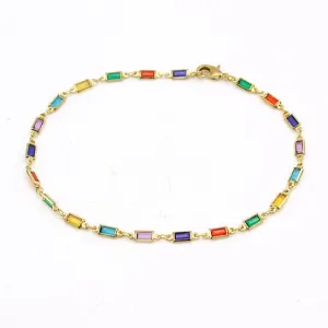 18k Gold Filled High Polish Finish Gold And Multi Color Dark Crystal Baguette Anklet