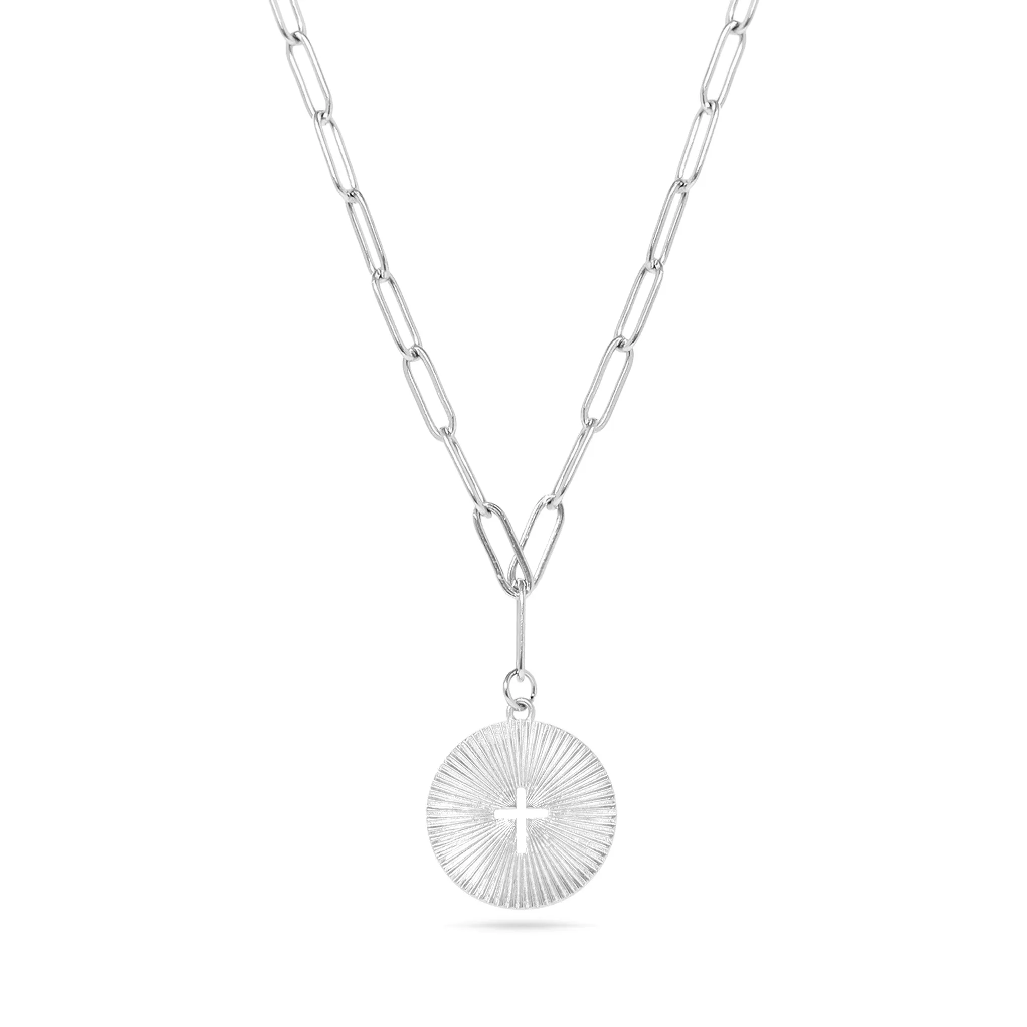 18K Gold PVD Stainless Steel Sunburst Cross Paperclip Pendant Necklace / CHN9968