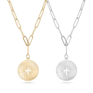 18K Gold PVD Stainless Steel Sunburst Cross Paperclip Pendant Necklace / CHN9968