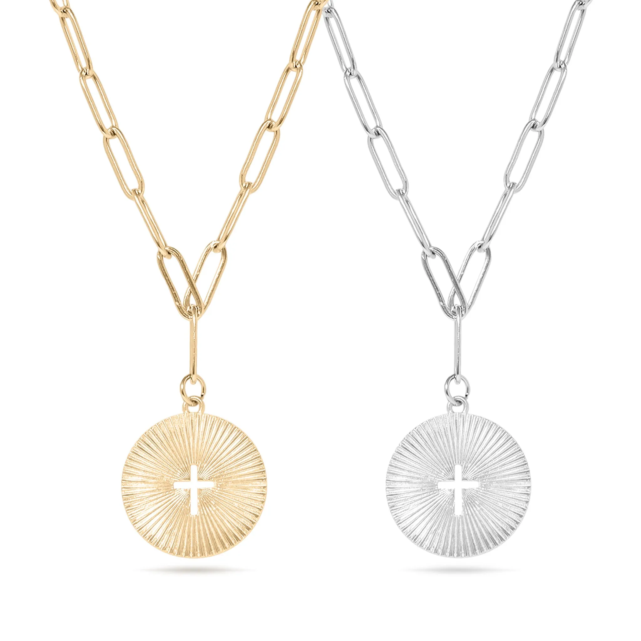 18K Gold PVD Stainless Steel Sunburst Cross Paperclip Pendant Necklace / CHN9968