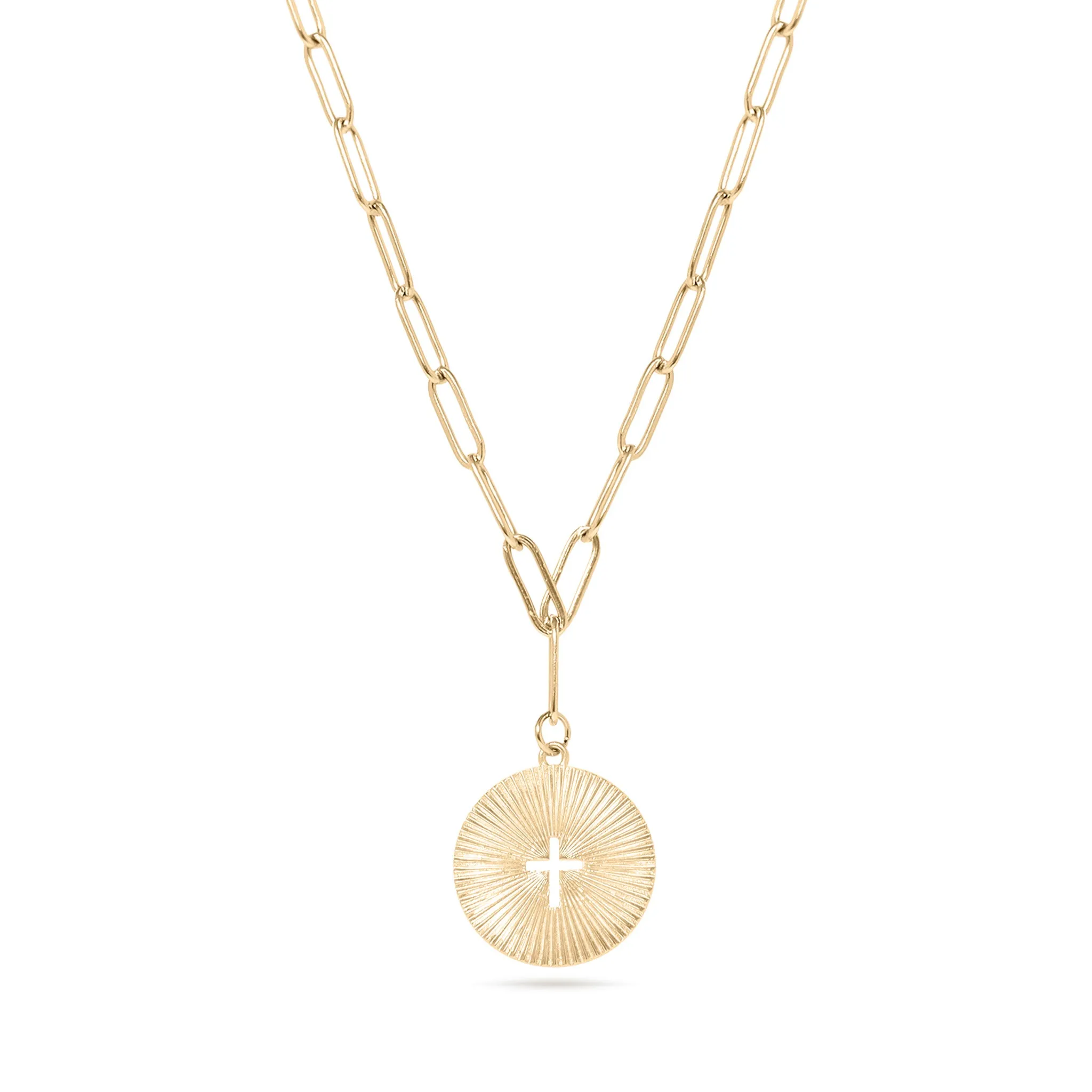 18K Gold PVD Stainless Steel Sunburst Cross Paperclip Pendant Necklace / CHN9968