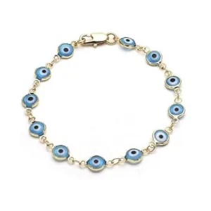 18K Womens Gold Filled High Polish Finsh Light Blue Evil Eye Clasp Bracelet 7.5 Inch