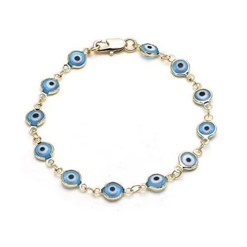 18K Womens Gold Filled High Polish Finsh Light Blue Evil Eye Clasp Bracelet 7.5 Inch