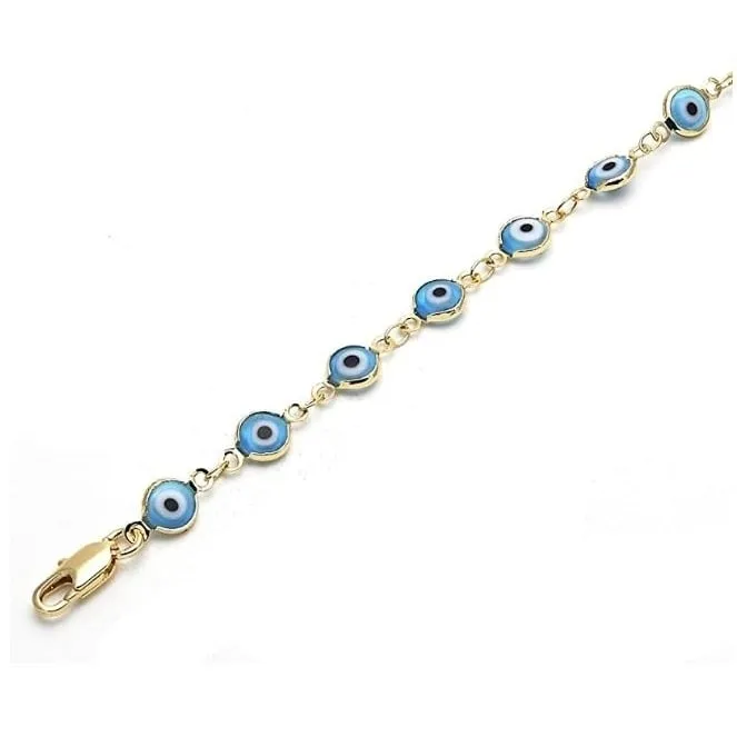 18K Womens Gold Filled High Polish Finsh Light Blue Evil Eye Clasp Bracelet 7.5 Inch