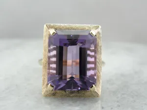 1970's Amethyst Cocktail Ring with Perfect Brushed Finish, Yellow Gold Frame