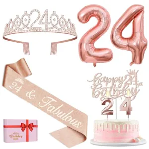 24th Birthday Decorations for Women Including 24th Birthday Sash, Tiara/Crown, Numeral 24 Candles and Cake Topper, Rose Gold Numeral 24 Balloons, 24th Birthday Gifts for Women
