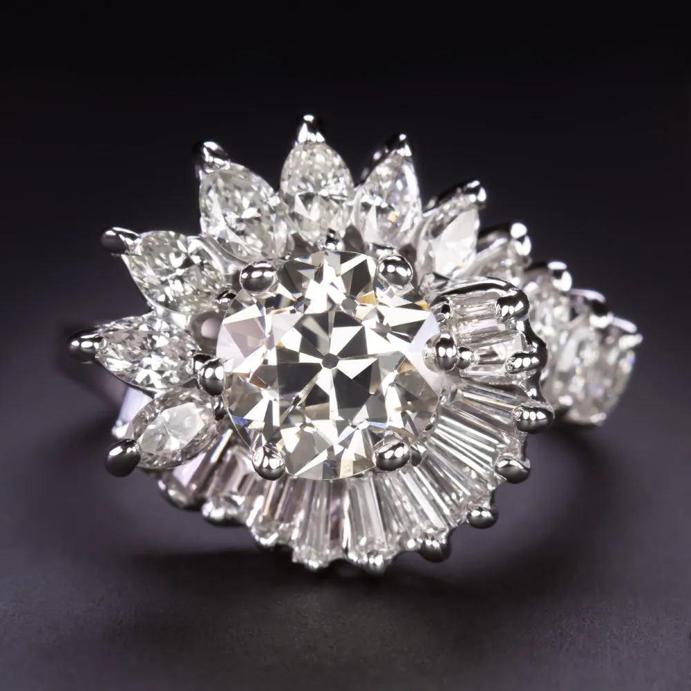 2.81ct OLD EUROPEAN CUT DIAMOND VINTAGE COCKTAIL RING 18k WHITE GOLD RETRO HALO