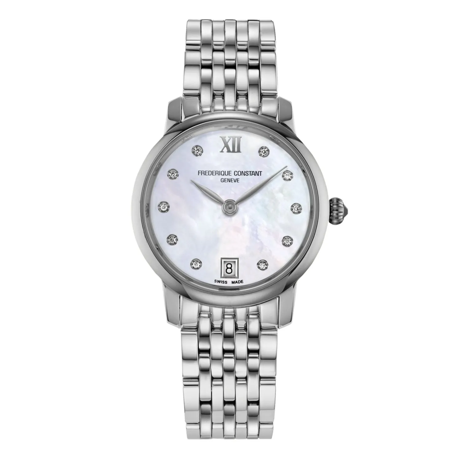 30MM FREDERIQUE CONSTANT CLASSICS SLIMLINE LADY'S QUARTZ WATCH WITH MOTHER-OF-PEARL DIAL AND DIAMOND MARKERS