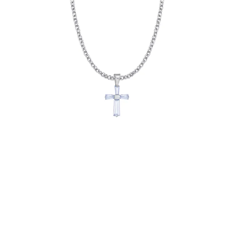 3/4 Inch Sterling Silver and Glass Crystal June Birthstone Baguette Cross Necklace