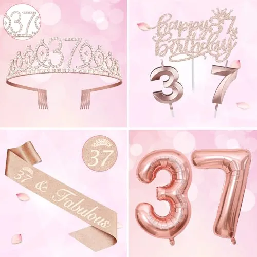 37th Birthday Decorations for Women Including 37th Birthday Sash for Women, Tiara/Crown, Candles and Cake Topper, Numeral 37 Balloons, 37th Birthday Gifts for Women Decorations Favor Supplies