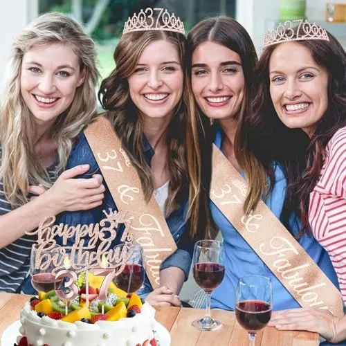 37th Birthday Decorations for Women Including 37th Birthday Sash for Women, Tiara/Crown, Candles and Cake Topper, Numeral 37 Balloons, 37th Birthday Gifts for Women Decorations Favor Supplies