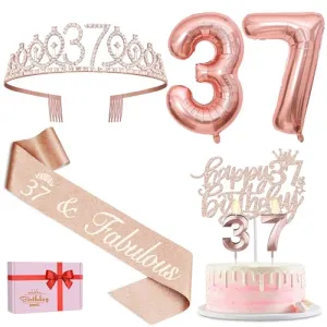 37th Birthday Decorations for Women Including 37th Birthday Sash for Women, Tiara/Crown, Candles and Cake Topper, Numeral 37 Balloons, 37th Birthday Gifts for Women Decorations Favor Supplies