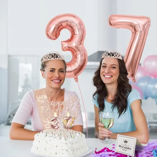 37th Birthday Decorations for Women Including 37th Birthday Sash for Women, Tiara/Crown, Candles and Cake Topper, Numeral 37 Balloons, 37th Birthday Gifts for Women Decorations Favor Supplies
