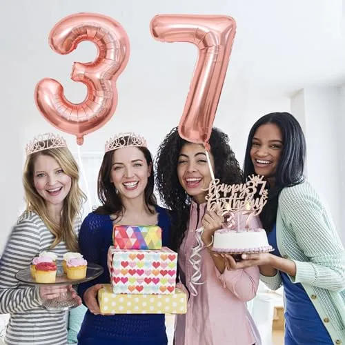 37th Birthday Decorations for Women Including 37th Birthday Sash for Women, Tiara/Crown, Candles and Cake Topper, Numeral 37 Balloons, 37th Birthday Gifts for Women Decorations Favor Supplies