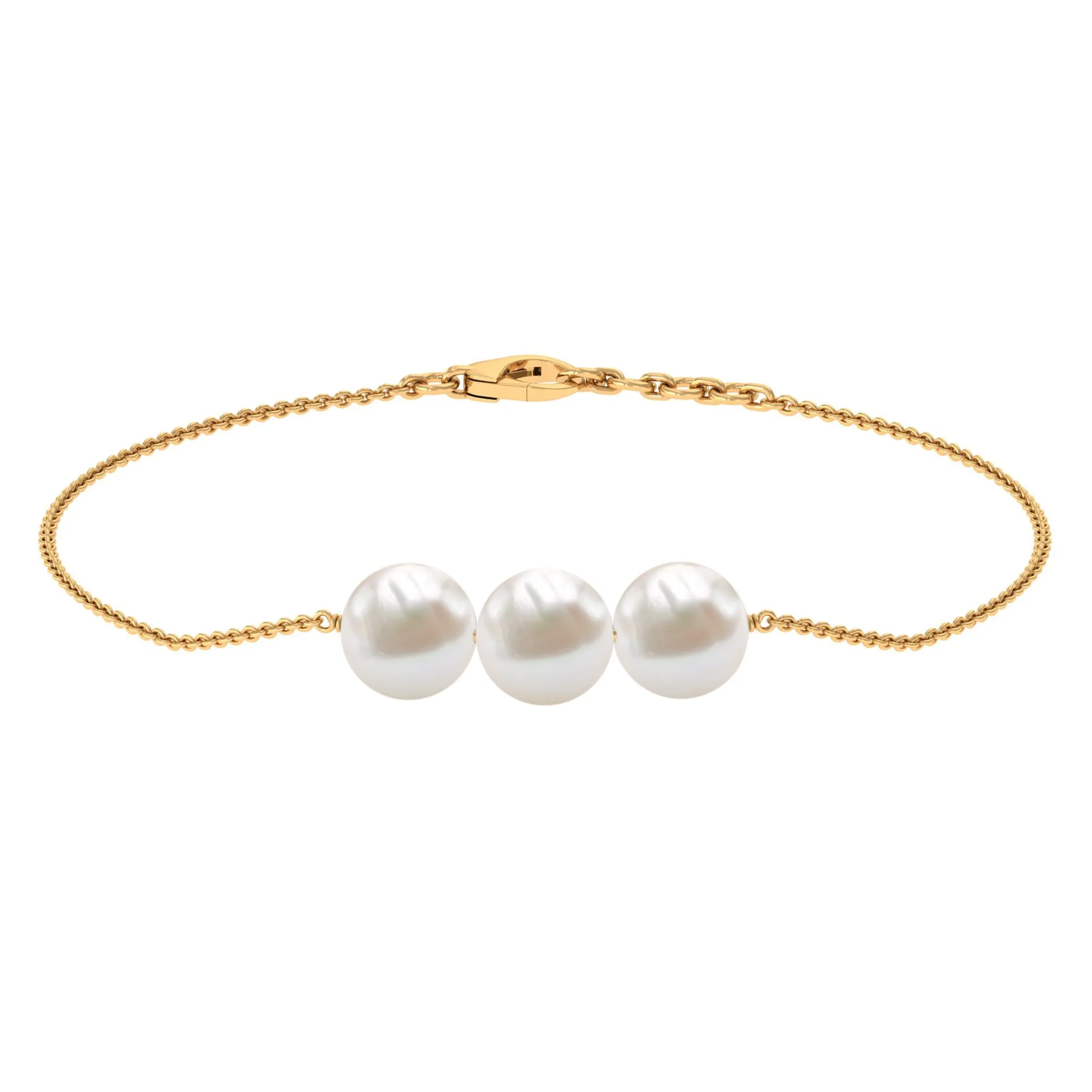 8 MM Freshwater Pearl Three Stone Chain Bracelet in Gold