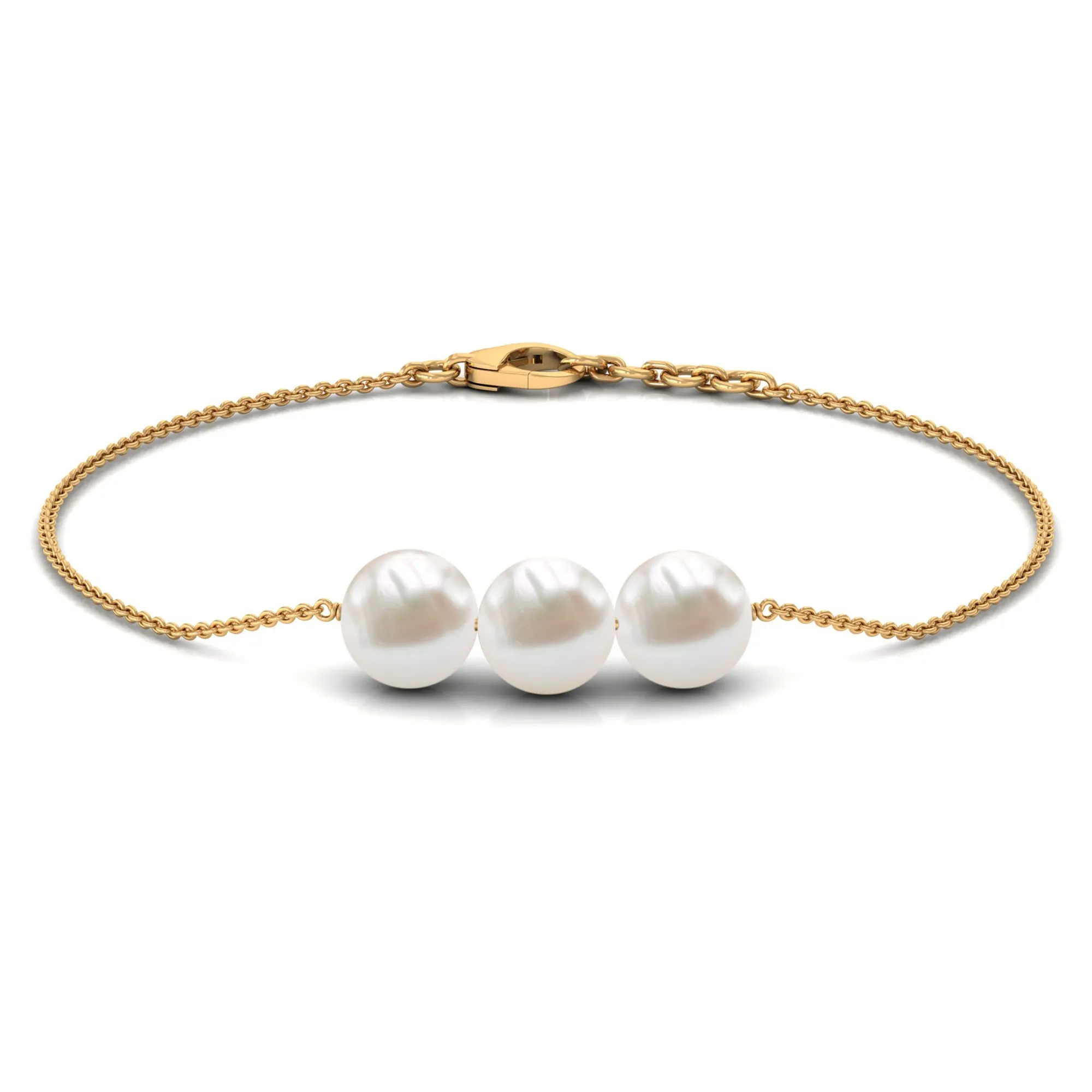 8 MM Freshwater Pearl Three Stone Chain Bracelet in Gold
