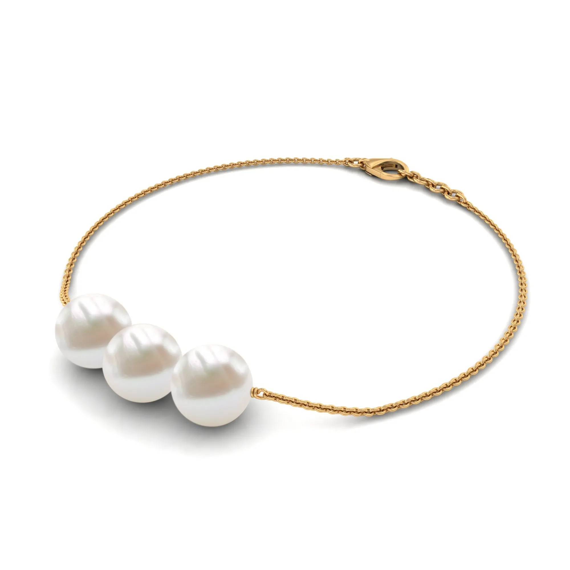 8 MM Freshwater Pearl Three Stone Chain Bracelet in Gold