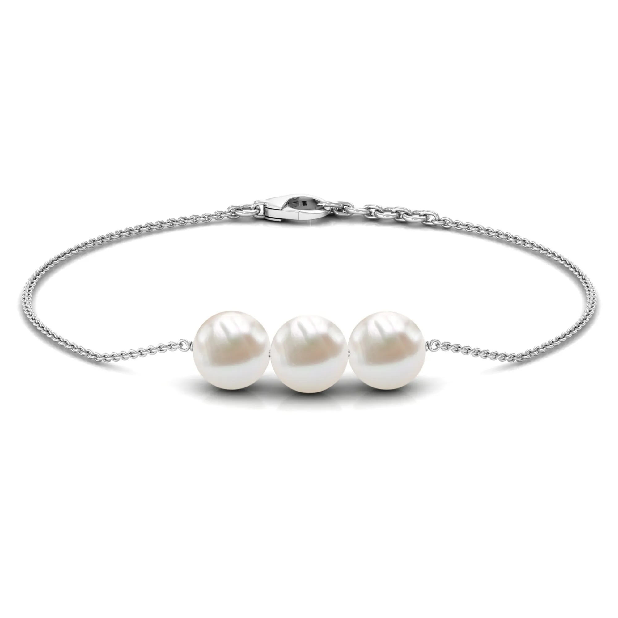 8 MM Freshwater Pearl Three Stone Chain Bracelet in Gold