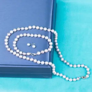925 silver clasp grey round AAAA real natural 7-8mm pearl women jewelry necklace set