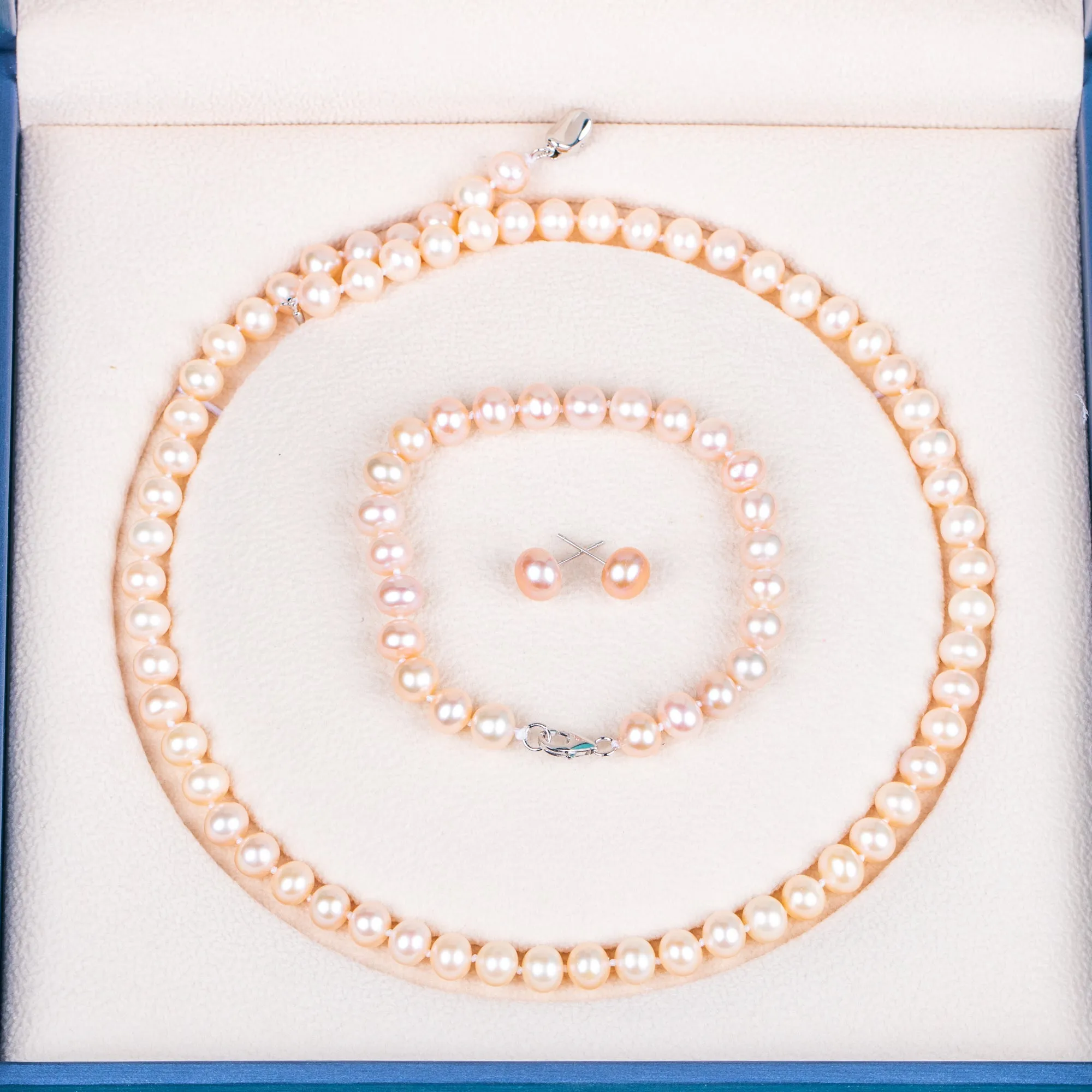 925 silver clasp pink round AAAA real natural 7-8mm pearl women jewelry necklace set