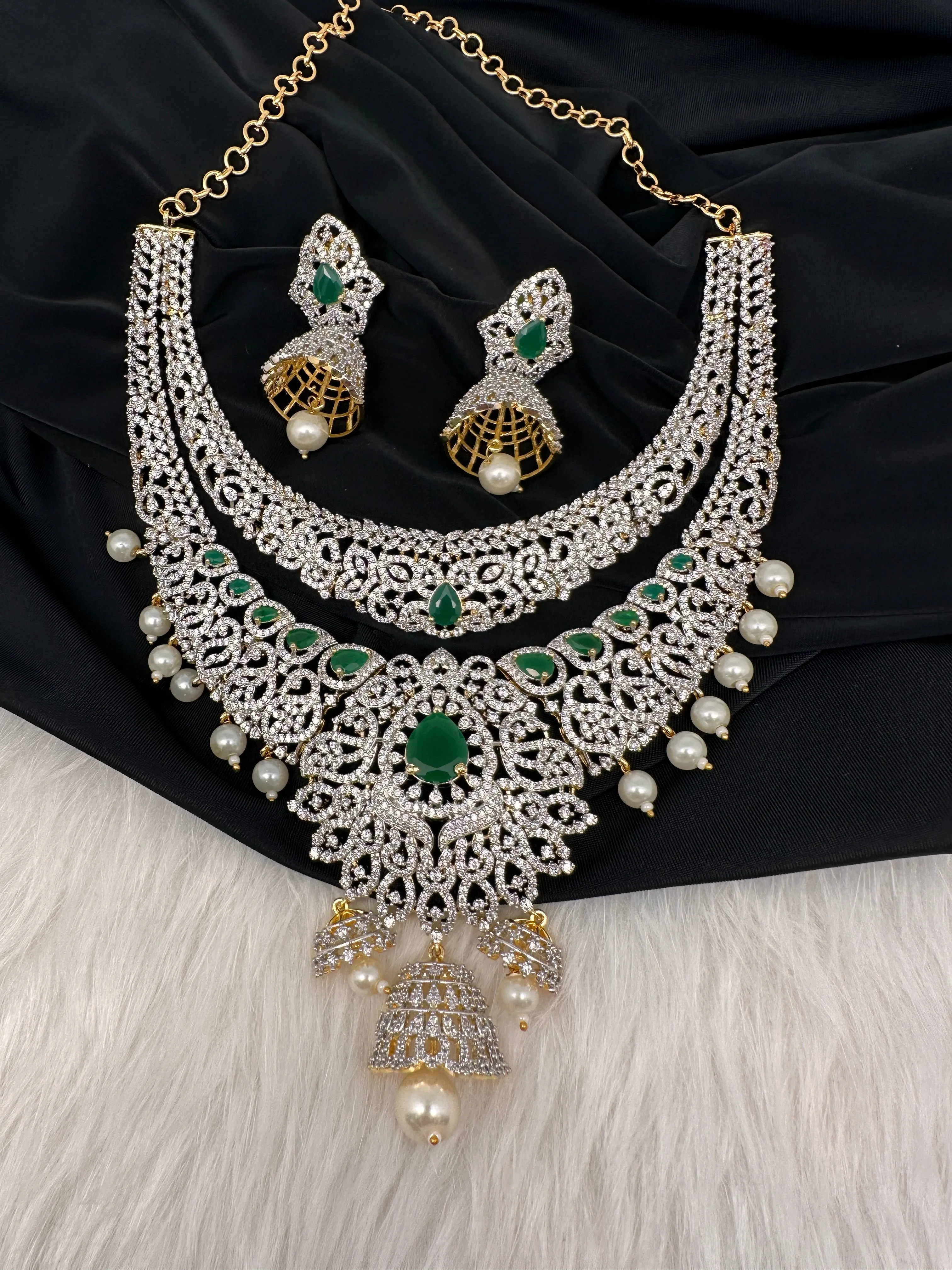 AD Double Layer Emerals Green Short Necklace