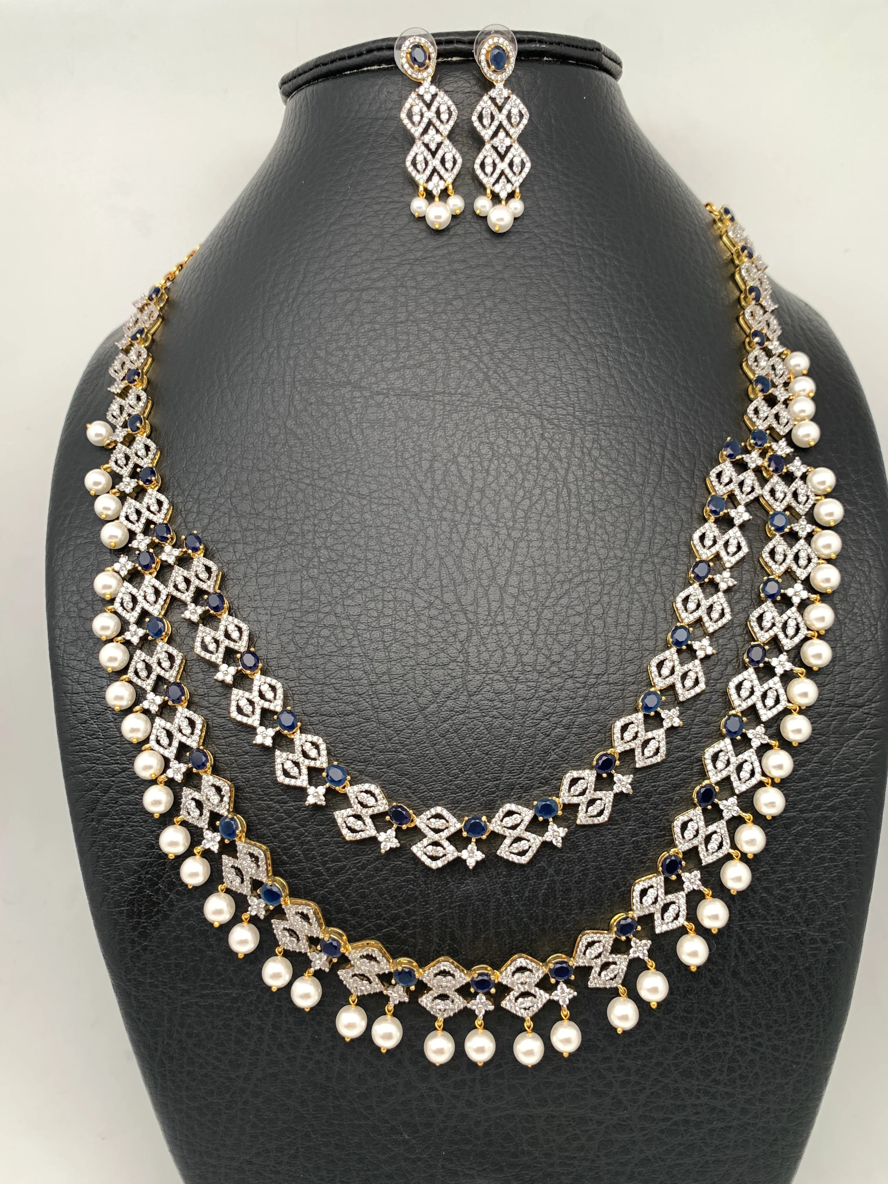 AD Double Line Sapphire Blue Stone Long Necklace