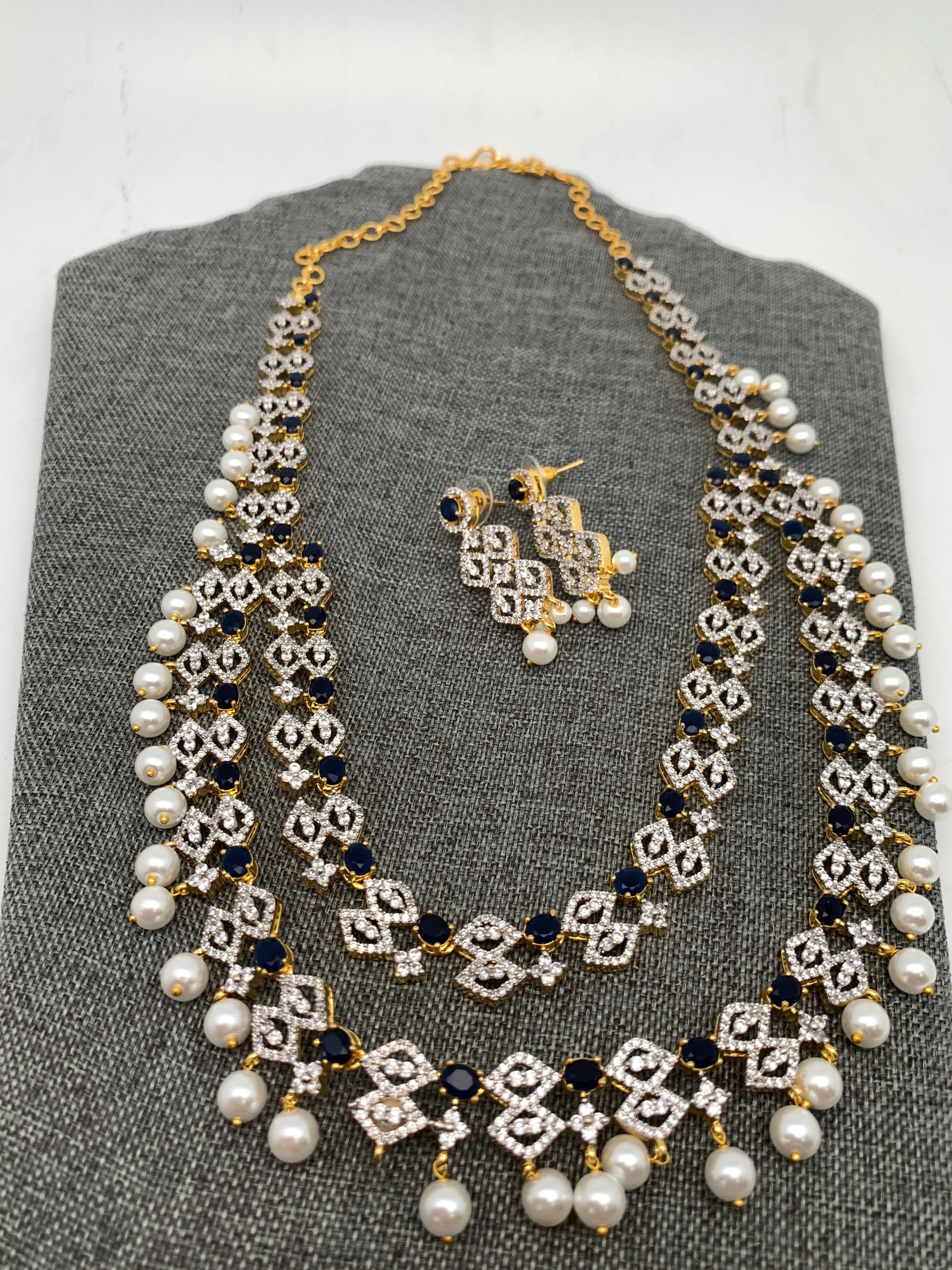 AD Double Line Sapphire Blue Stone Long Necklace