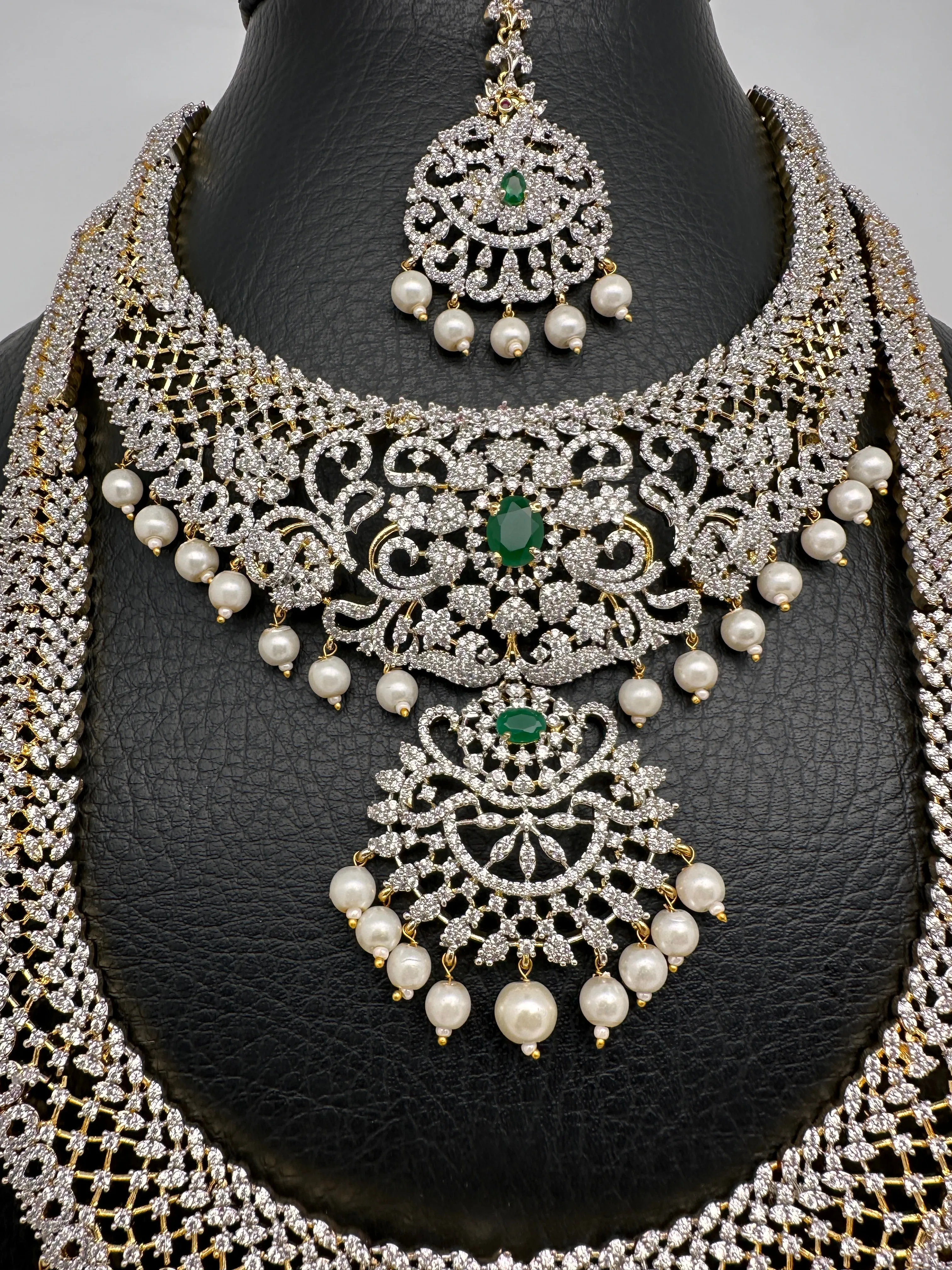 AD Emerald Diamond Finish Ganga Jamuna Polish Peacock Long Short Necklace Combo Set