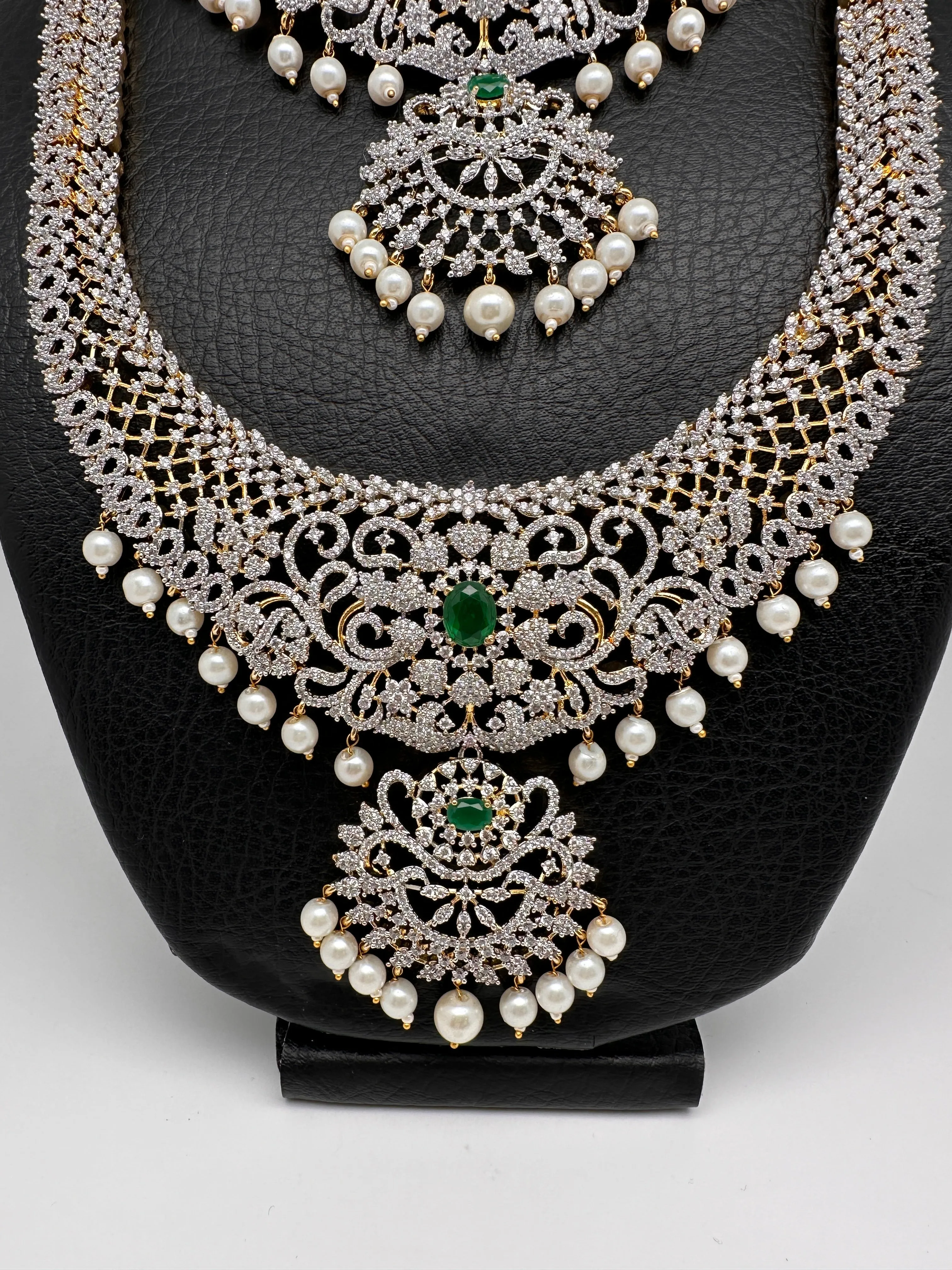 AD Emerald Diamond Finish Ganga Jamuna Polish Peacock Long Short Necklace Combo Set