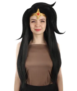 Adult Women’s Animated Cartoon Action Female Superhero Long Black Wig with Headpiece and Whip,  Flame-retardant Synthetic Fiber | HPO