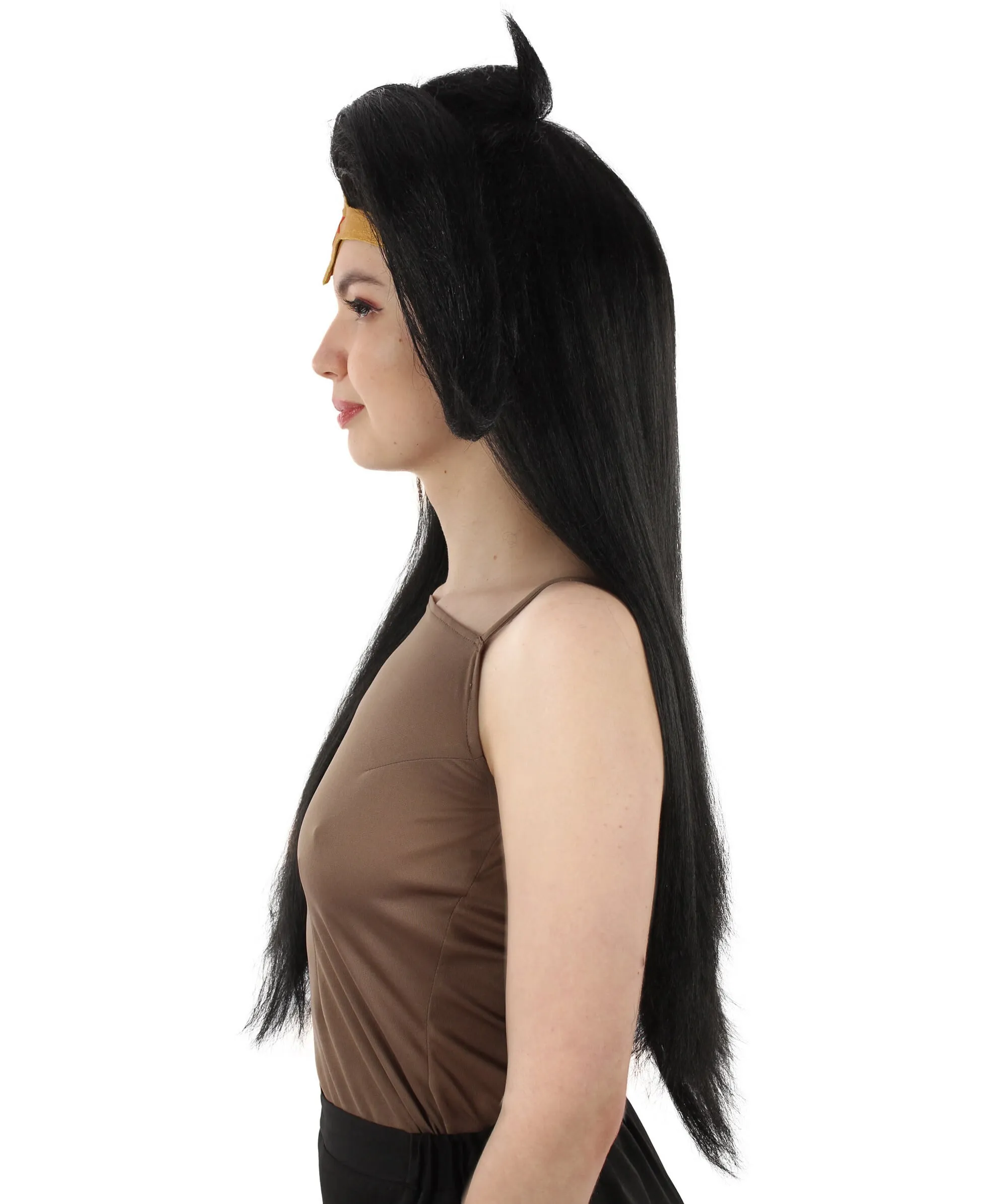 Adult Women’s Animated Cartoon Action Female Superhero Long Black Wig with Headpiece and Whip,  Flame-retardant Synthetic Fiber | HPO