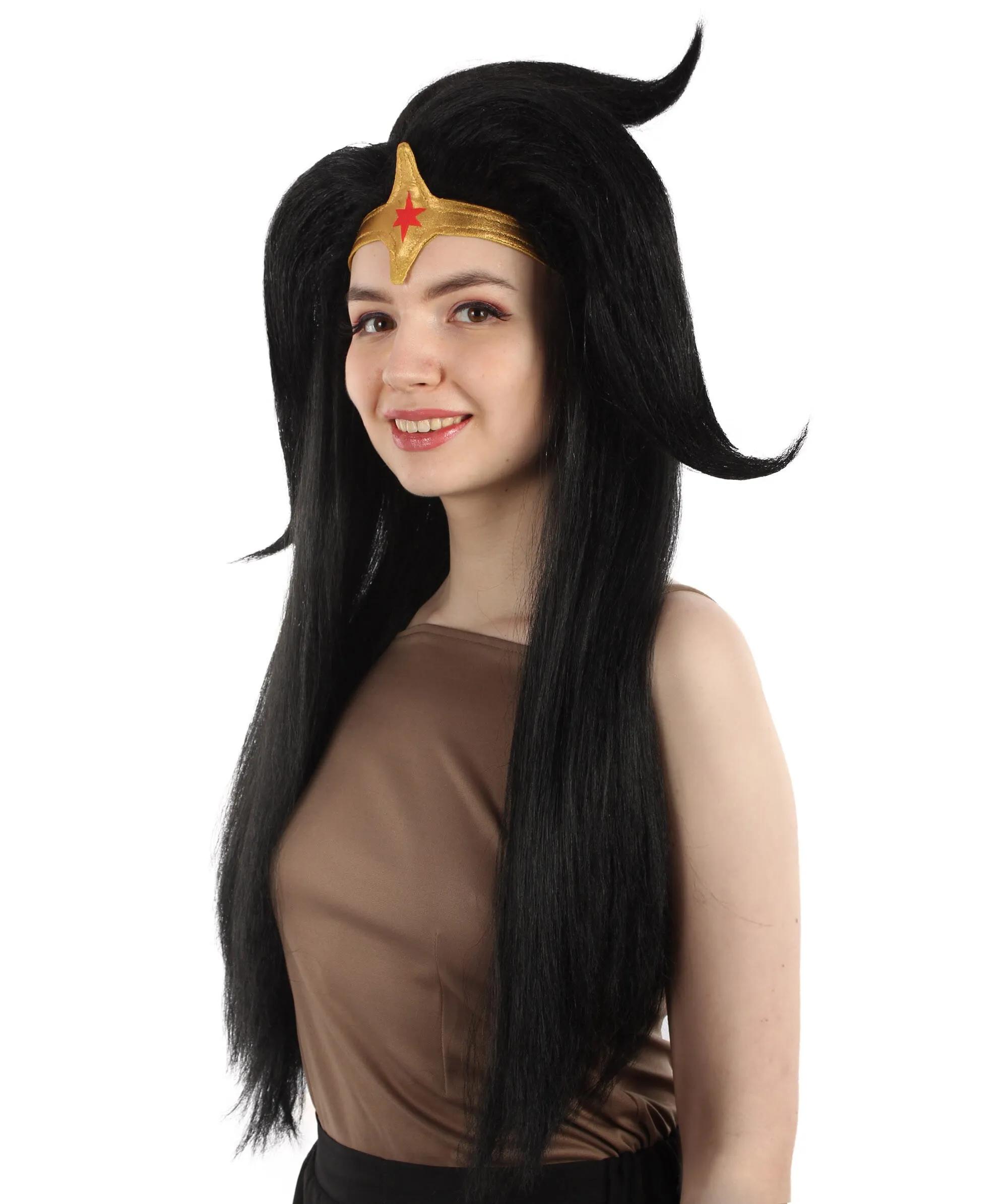 Adult Women’s Animated Cartoon Action Female Superhero Long Black Wig with Headpiece and Whip,  Flame-retardant Synthetic Fiber | HPO